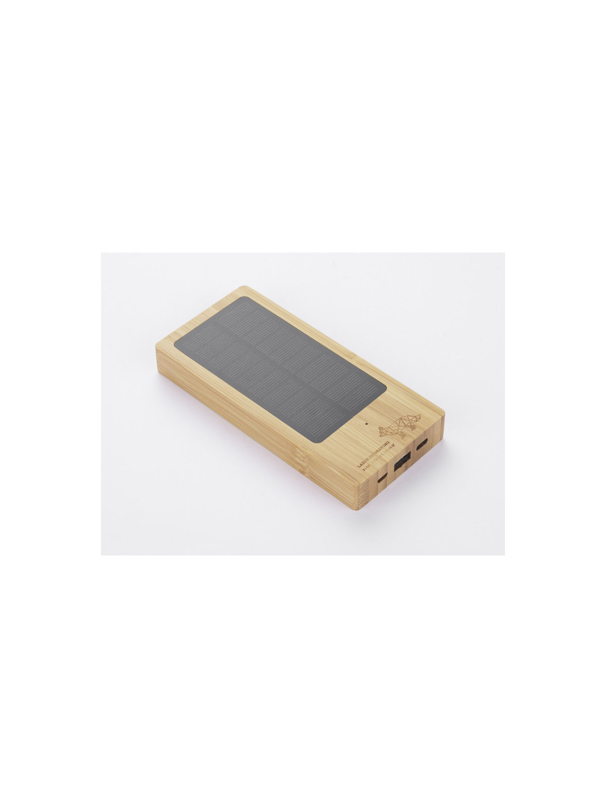 Batterie externe solaire en bambou écologique personnalisable, recharge un téléphone grâce à la lumière du soleil