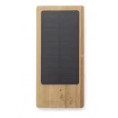 Batterie externe solaire publicitaire en bambou écologique, recharge un téléphone grâce à la lumière du soleil