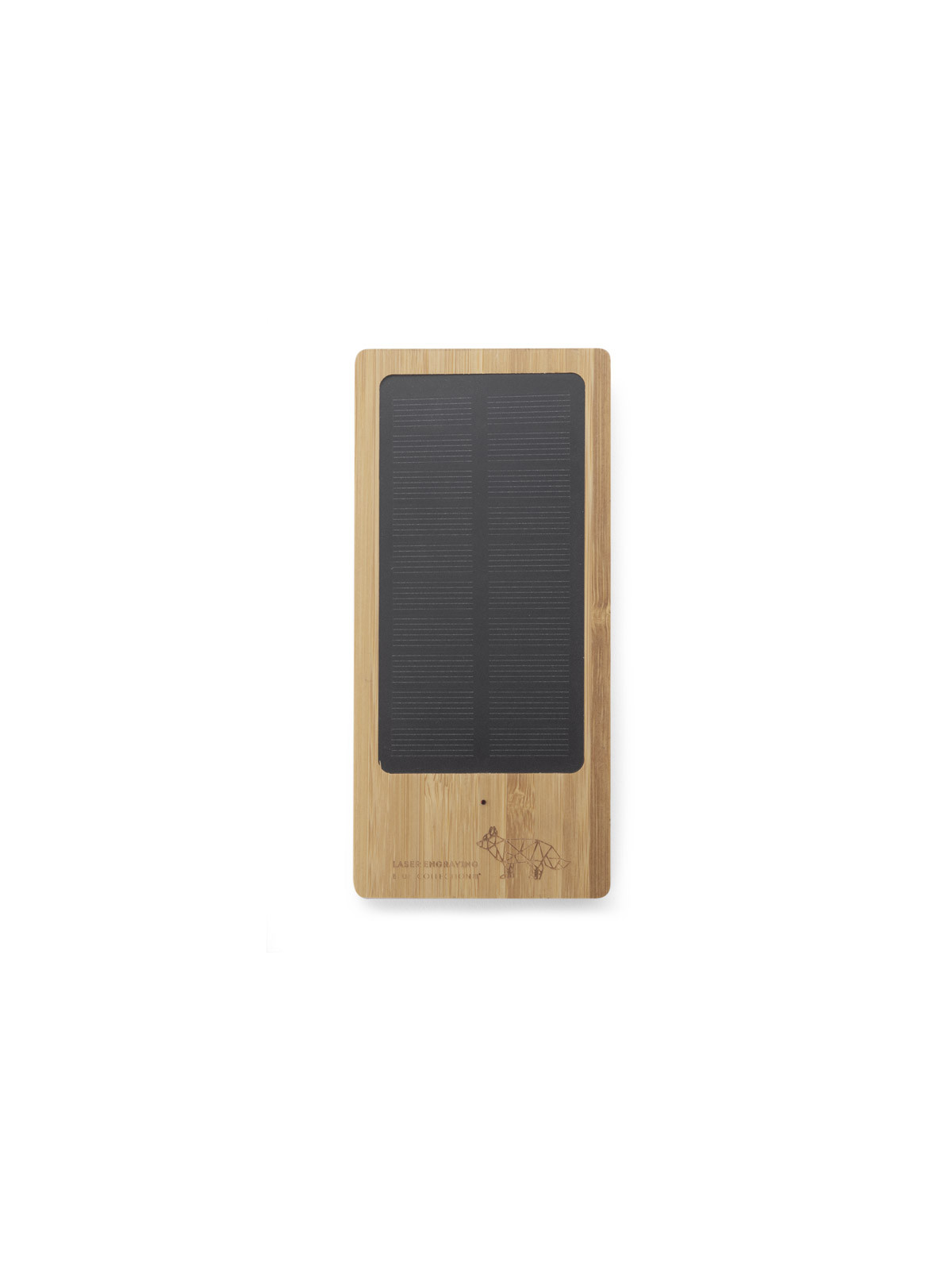 Batterie externe solaire publicitaire en bambou écologique, recharge un téléphone grâce à la lumière du soleil